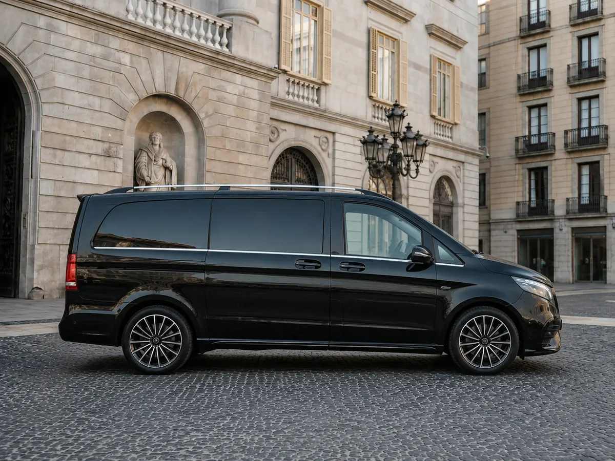 Mercedes Benz V300 4x4 XL VIP (Captain, 7 seat) 2025, front view — Barcelona Luxury Car Rental, Barcelona. The 2025 Mercedes Benz V300 4x4 XL VIP is built for moving people, not making a scene.…