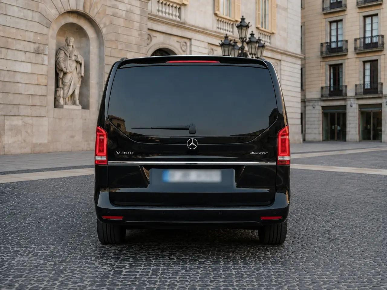 Mercedes Benz V300 4x4 XL VIP (Captain, 7 seat) 2025, rear view — Barcelona Luxury Car Rental, Barcelona. The 2025 Mercedes Benz V300 4x4 XL VIP is built for moving people, not making a scene.…