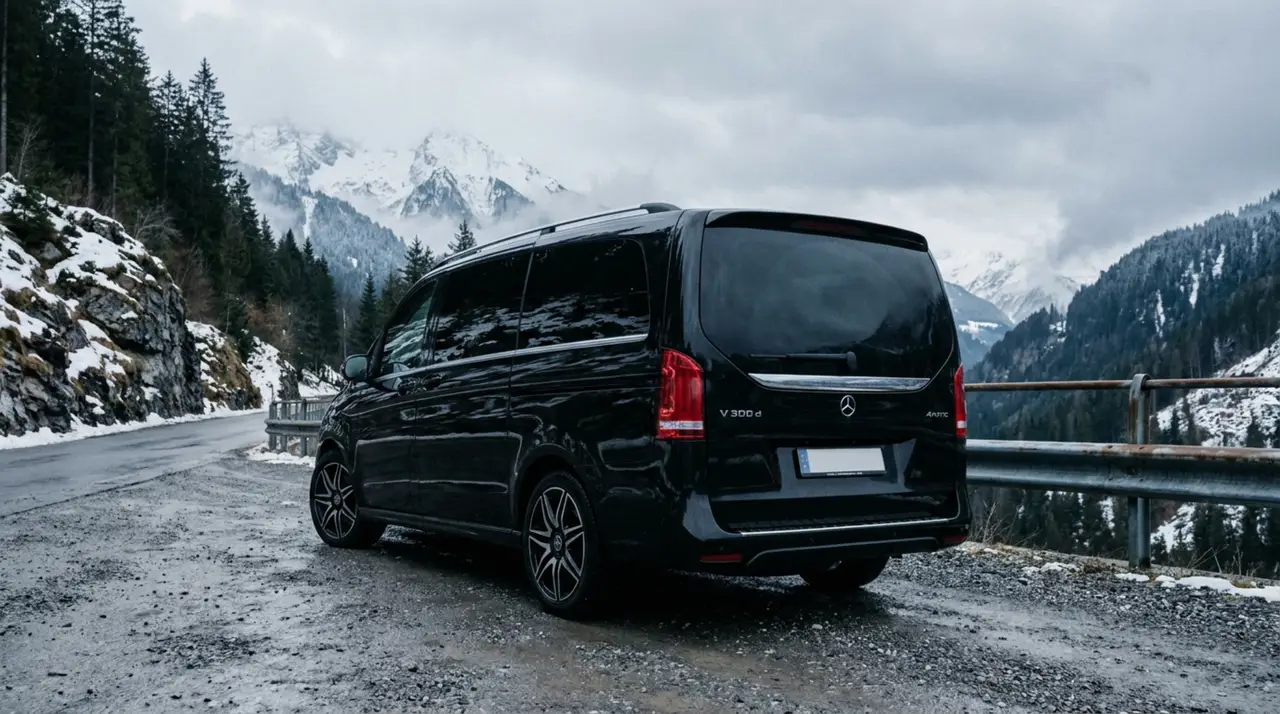 Mercedes Benz V300 8 seats 2025, front view — Barcelona Luxury Car Rental, Barcelona. The Mercedes Benz V300 is built for a specific job: moving a full group in one vehicle,…