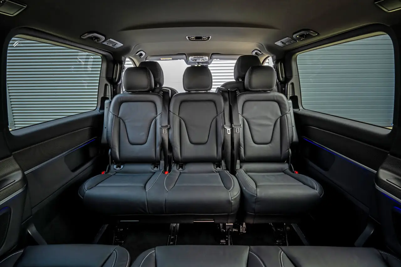 Mercedes Benz V300 8 seats 2025, interior — Barcelona Luxury Car Rental, Barcelona. The Mercedes Benz V300 is built for a specific job: moving a full group in one vehicle,…