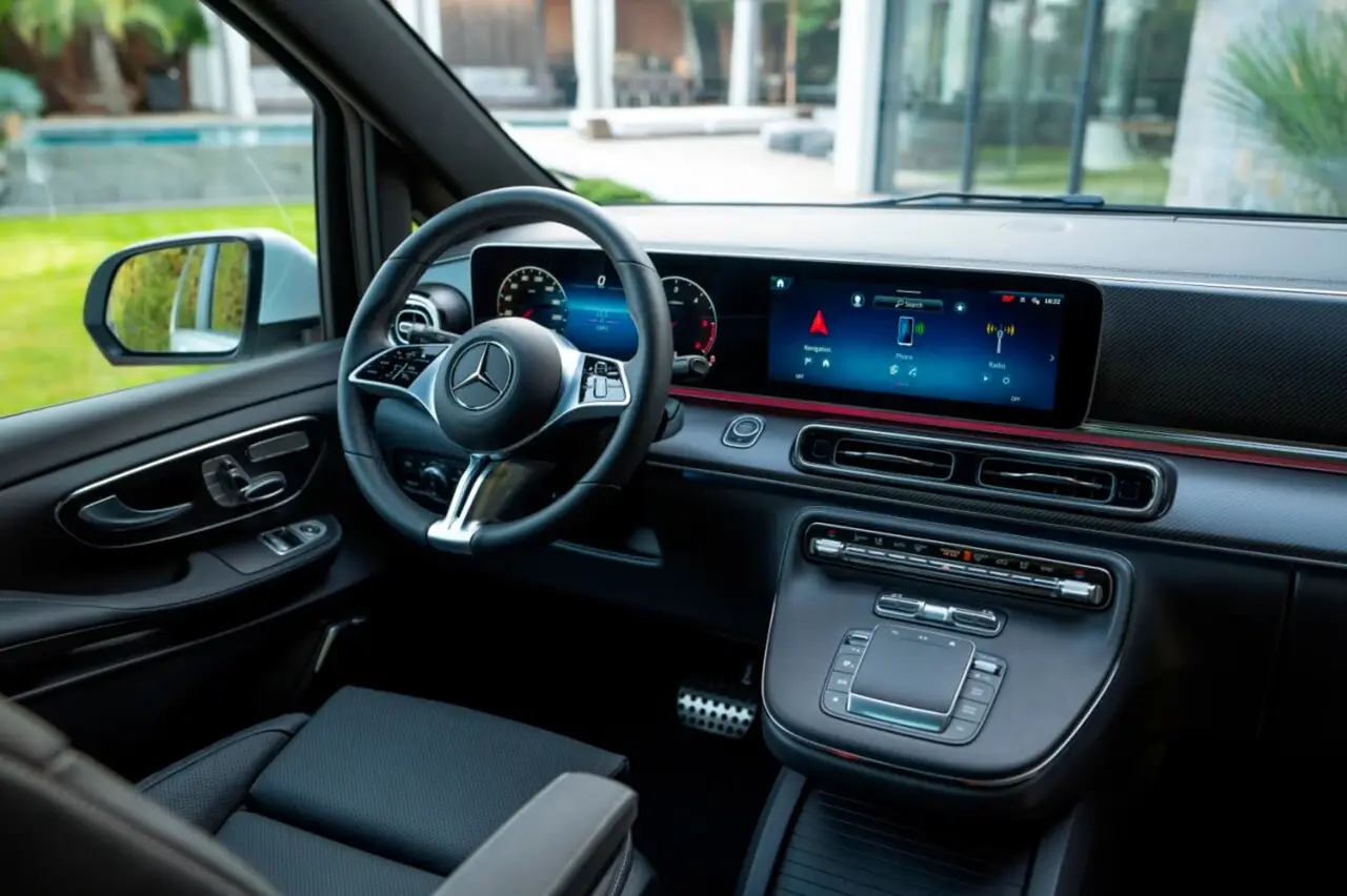 Mercedes Benz V300 8 seats 2025, dashboard — Barcelona Luxury Car Rental, Barcelona. The Mercedes Benz V300 is built for a specific job: moving a full group in one vehicle,…