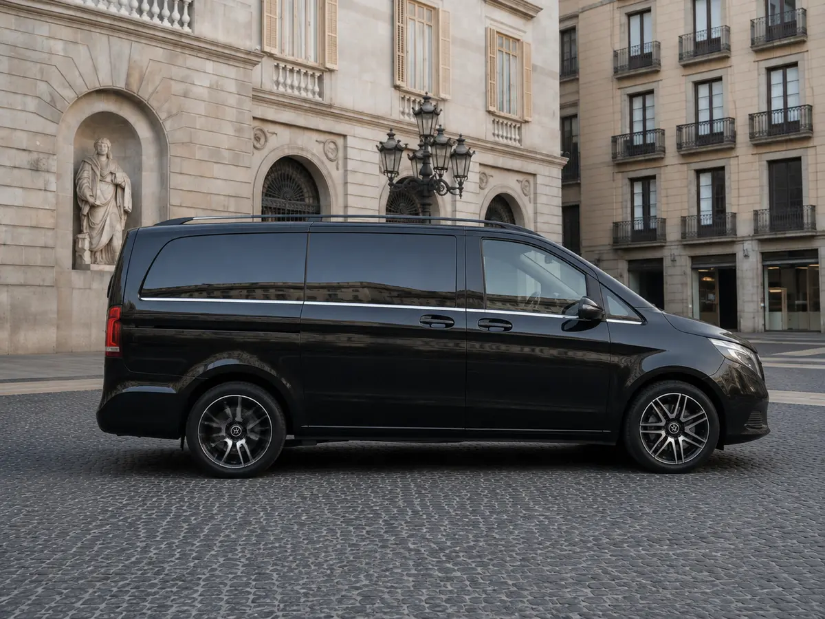 Mercedes Benz V300 8 seats 2025, front view — Barcelona Luxury Car Rental, Barcelona. The Mercedes Benz V300 is built for a specific job: moving a full group in one vehicle,…