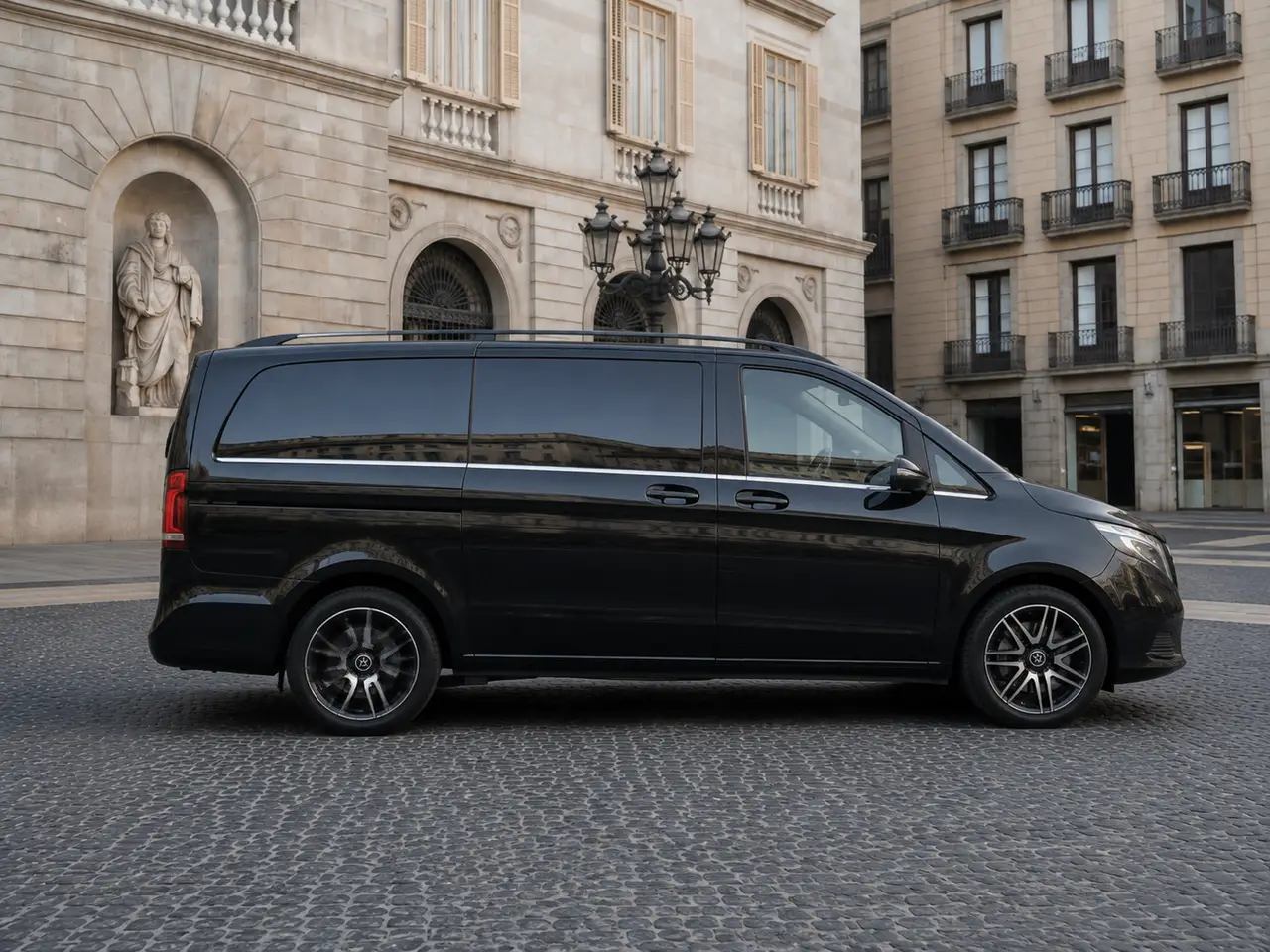 Mercedes Benz V300 8 seats 2025, front view — Barcelona Luxury Car Rental, Barcelona. The Mercedes Benz V300 is built for a specific job: moving a full group in one vehicle,…