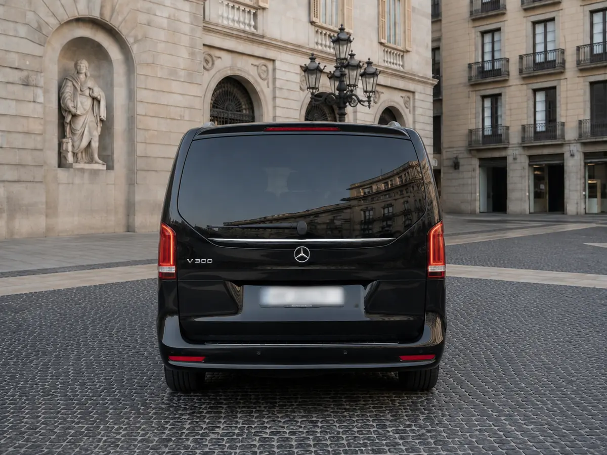 Mercedes Benz V300 8 seats 2025, rear view — Barcelona Luxury Car Rental, Barcelona. The Mercedes Benz V300 is built for a specific job: moving a full group in one vehicle,…