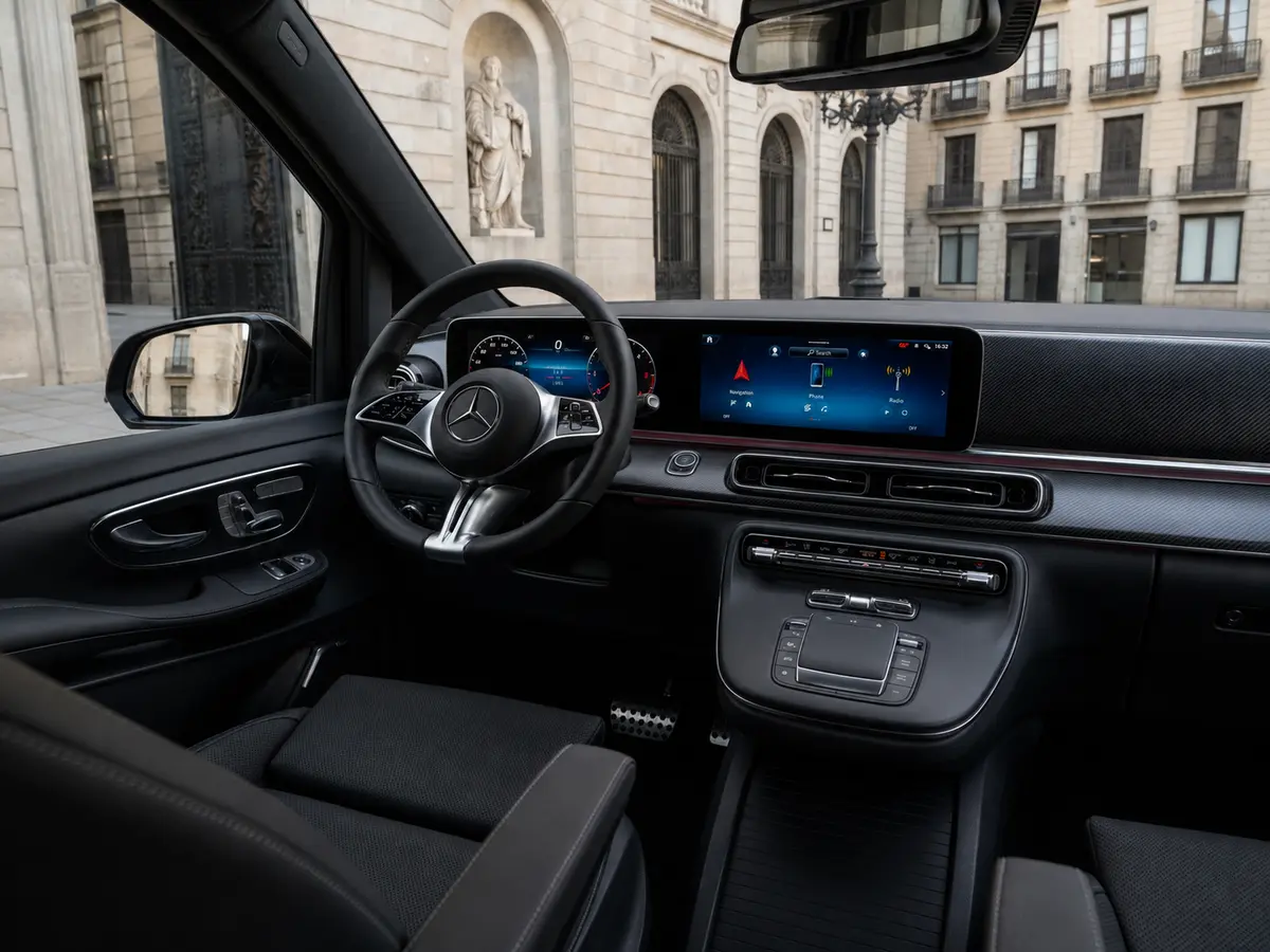 Mercedes Benz V300 8 seats 2025, interior — Barcelona Luxury Car Rental, Barcelona. The Mercedes Benz V300 is built for a specific job: moving a full group in one vehicle,…