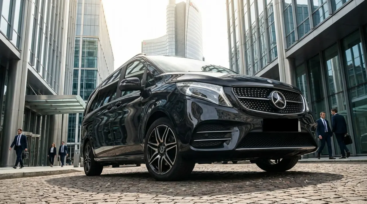 Mercedes V Class 2026, exterior — Barcelona Luxury Car Rental, Barcelona. The Mercedes Benz V Class is built for groups who need space and calm rather than speed.…