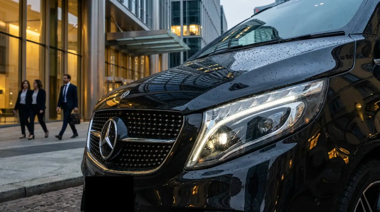 Mercedes V Class 2026, front view — Barcelona Luxury Car Rental, Barcelona. The Mercedes Benz V Class is built for groups who need space and calm rather than speed.…