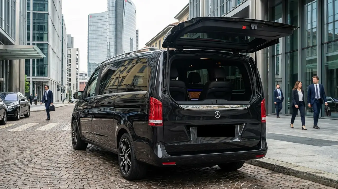 Mercedes V Class 2026, rear view — Barcelona Luxury Car Rental, Barcelona. The Mercedes Benz V Class is built for groups who need space and calm rather than speed.…