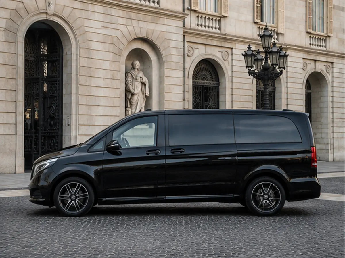 Mercedes V Class 2026, exterior — Barcelona Luxury Car Rental, Barcelona. The Mercedes Benz V Class is built for groups who need space and calm rather than speed.…