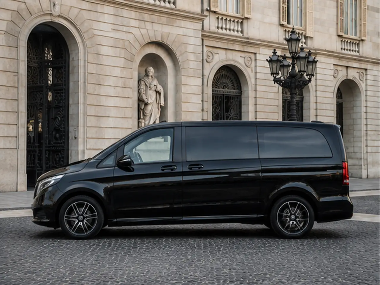 Mercedes V Class 2026, exterior — Barcelona Luxury Car Rental, Barcelona. The Mercedes Benz V Class is built for groups who need space and calm rather than speed.…
