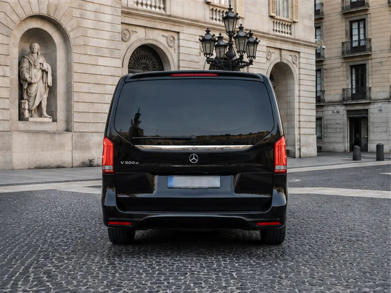 Mercedes V Class 2026, rear view — Barcelona Luxury Car Rental, Barcelona. The Mercedes Benz V Class is built for groups who need space and calm rather than speed.…