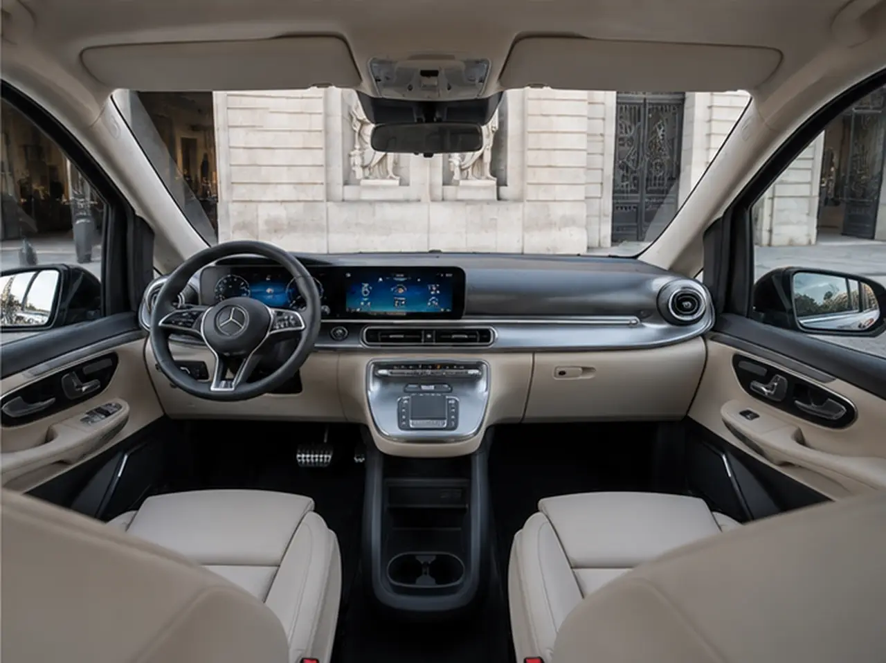 Mercedes V Class 2026, interior — Barcelona Luxury Car Rental, Barcelona. The Mercedes Benz V Class is built for groups who need space and calm rather than speed.…