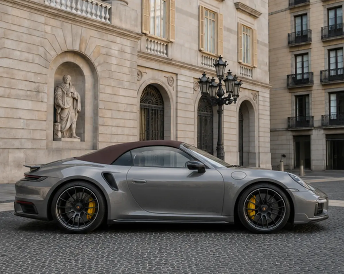 Porsche 911 992 Carrera Turbo S Cabrio 2026, vista frontal — Barcelona Luxury Car Rental, Barcelona. El Porsche 911 992 Carrera Turbo S Cabrio de 2026 reúne 650 CV y una carrocería…