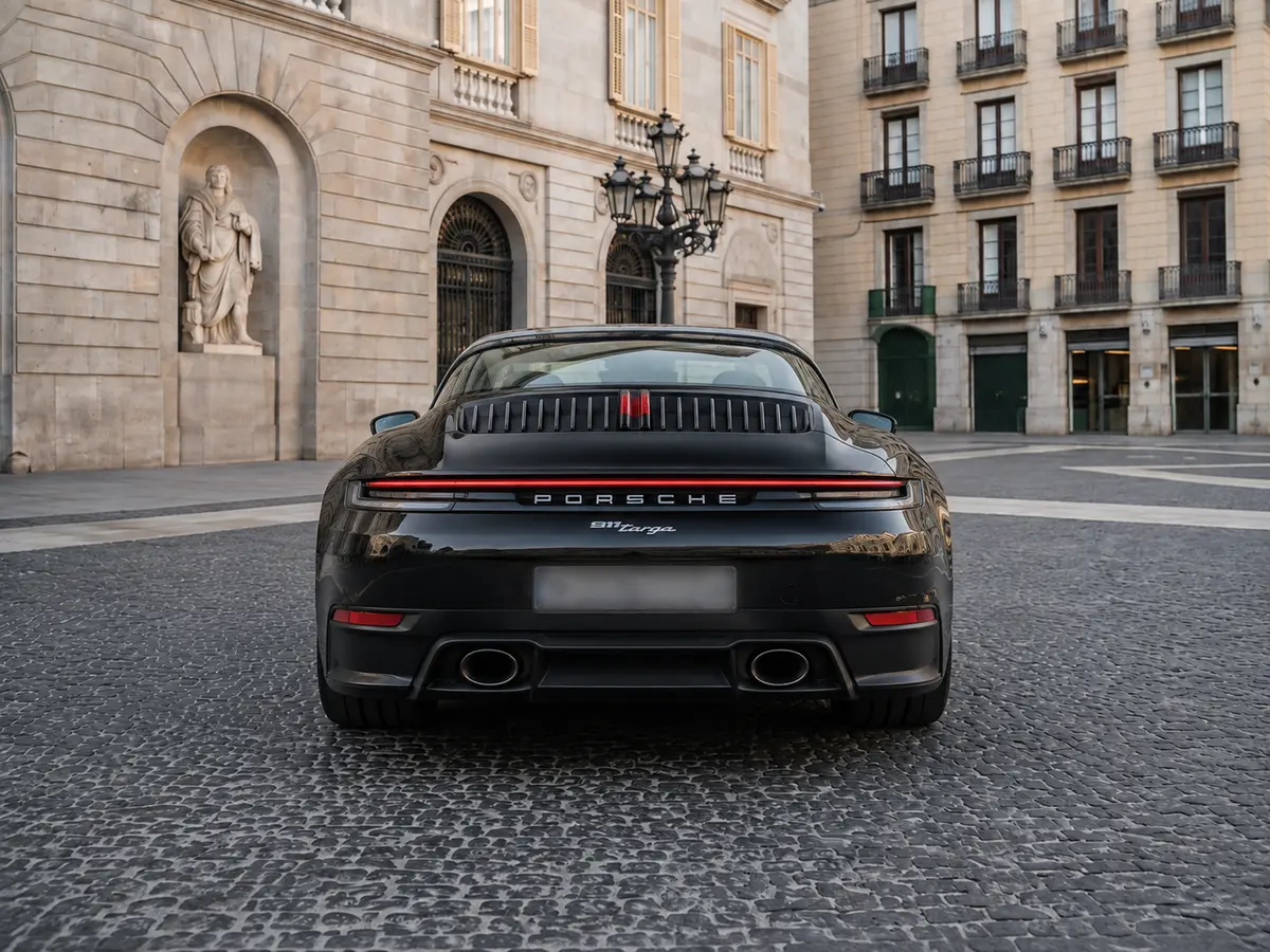 Porsche 911 Targa 2025, rear view — Barcelona Luxury Car Rental, Barcelona. The 2025 Porsche 911 Targa carries its 541 hp with the kind of composure that rewards a…