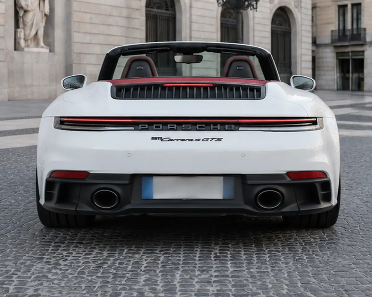 Porsche 992.2 Carrera 4 GTS Cabrio 2025, вид сзади — Barcelona Luxury Car Rental, Барселона. Porsche 992.2 Carrera 4 GTS Cabrio — версия 911 с полным приводом и 540 лошадиными…