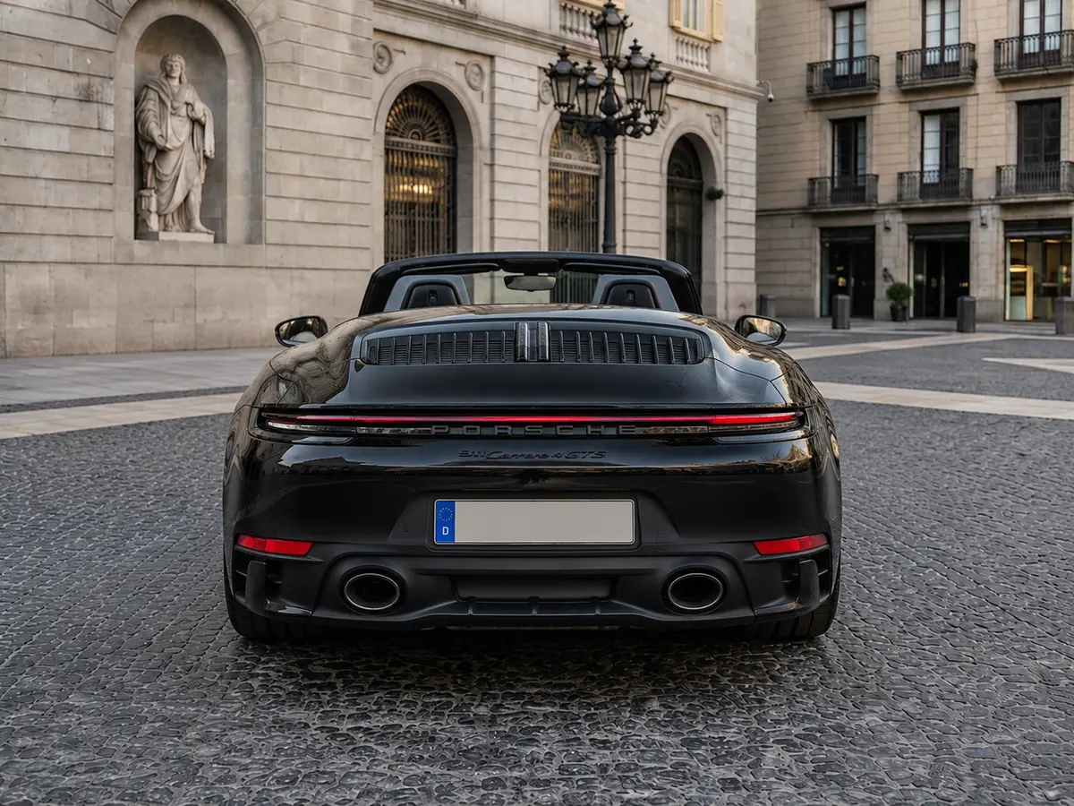 Porsche 992 Carrera 4 GTS Cabrio 2024, rear view — Barcelona Luxury Car Rental, Barcelona. The 992-generation Carrera 4 GTS Cabrio sits at the point where Porsche's engineering…