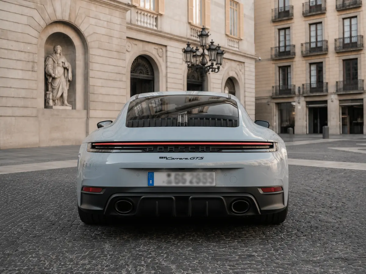 Porsche Carrera Spyder 992,2 GTS 2025, rear view — Barcelona Luxury Car Rental, Barcelona. The Porsche Carrera Spyder 992.2 GTS pairs a 541 hp flat-six with a chassis tuned for…