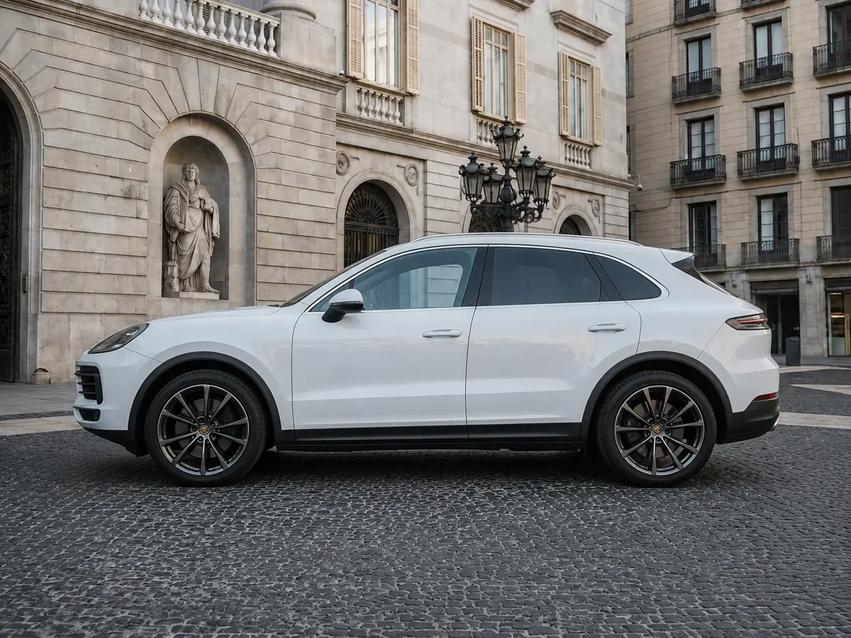 Porsche Cayenne 2025, exterior — Barcelona Luxury Car Rental, Barcelona. The 2025 Porsche Cayenne pairs a 353 hp drivetrain with the composed, planted handling…