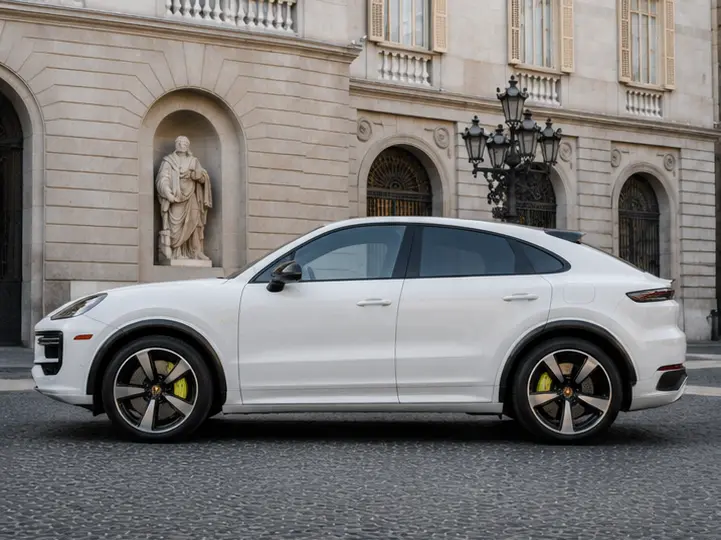 Porsche Cayenne Turbo E-Hybrid Coupé GT 2026, exterior — Barcelona Luxury Car Rental, Barcelona. The Porsche Cayenne Turbo E-Hybrid Coupé GT pairs a coupé roofline with 739 hp from its…