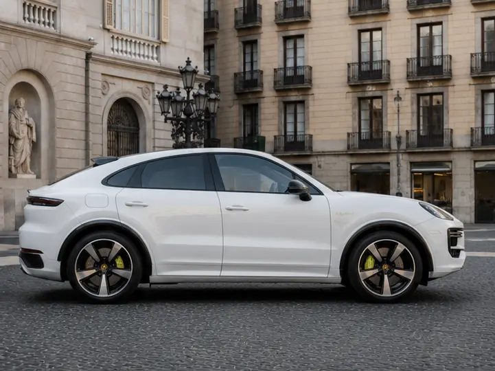Porsche Cayenne Turbo E-Hybrid Coupé GT 2026, front view — Barcelona Luxury Car Rental, Barcelona. The Porsche Cayenne Turbo E-Hybrid Coupé GT pairs a coupé roofline with 739 hp from its…