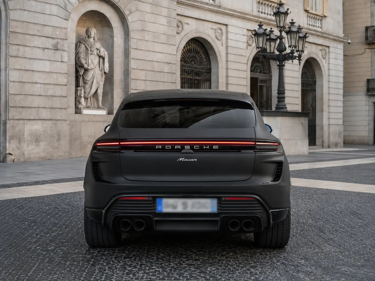 Porsche Macan 2024, rear view — Barcelona Luxury Car Rental, Barcelona. The 2024 Porsche Macan brings a sensible kind of confidence to daily driving: 265 hp…