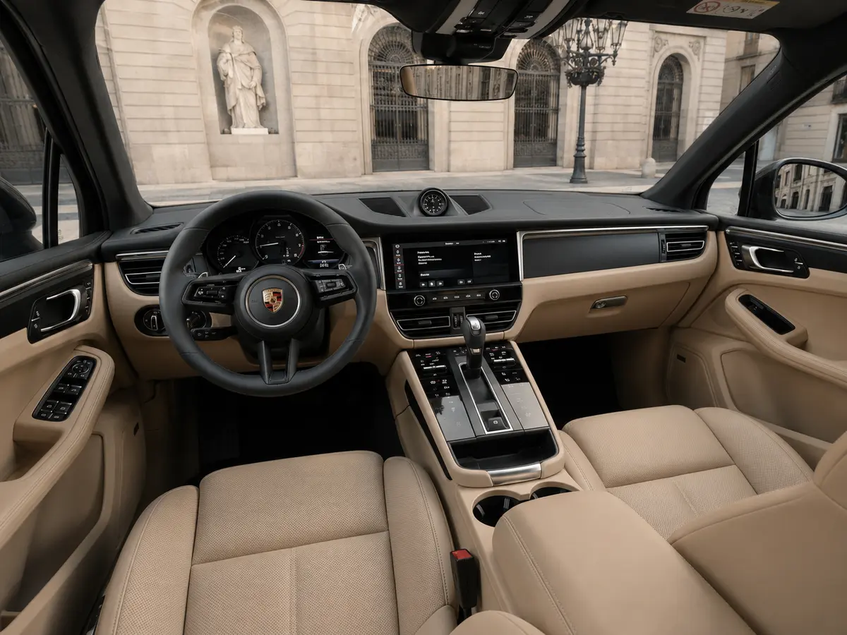 Porsche Macan 2024, interior — Barcelona Luxury Car Rental, Barcelona. The 2024 Porsche Macan brings a sensible kind of confidence to daily driving: 265 hp…