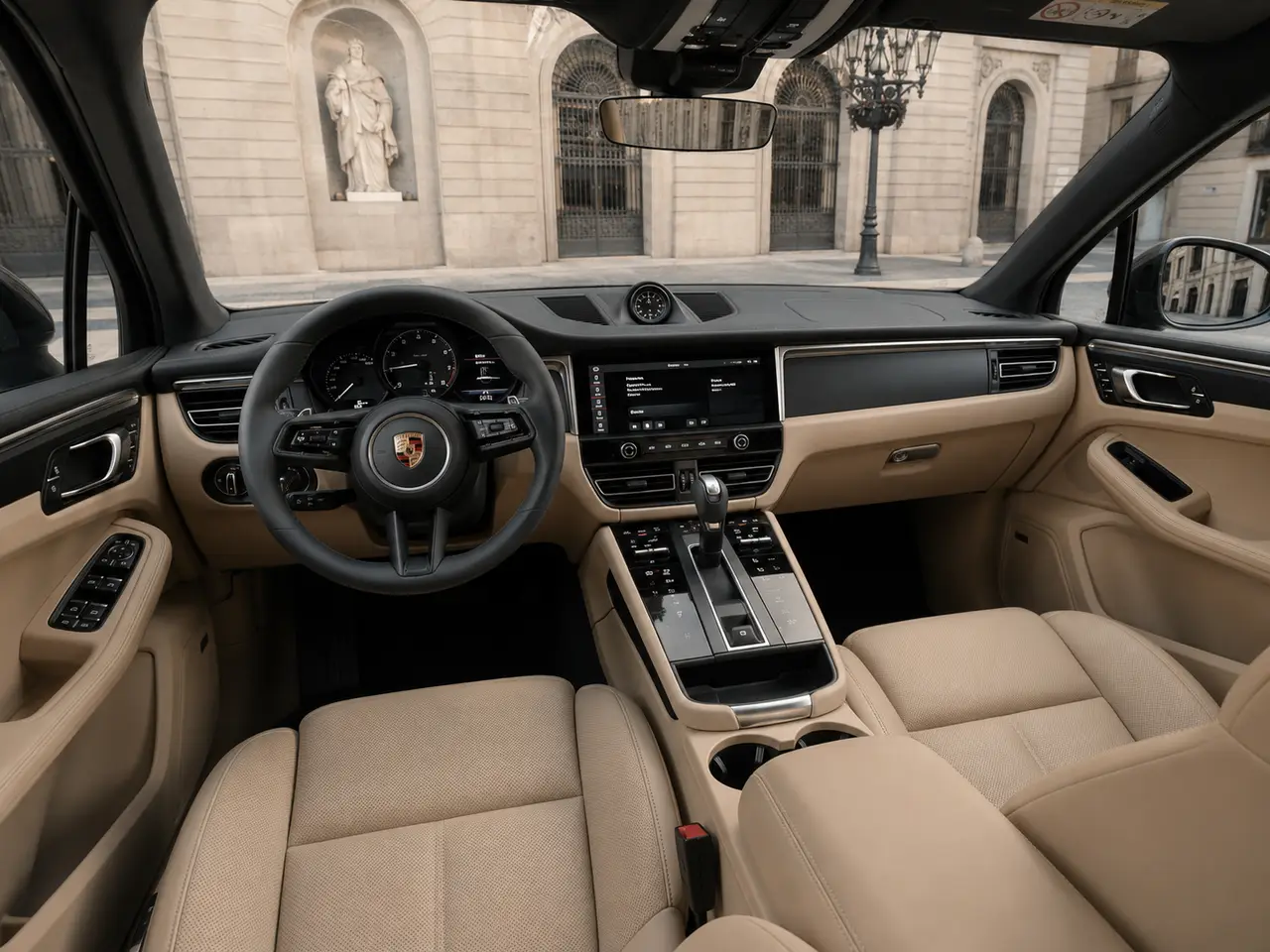 Porsche Macan 2024, interior — Barcelona Luxury Car Rental, Barcelona. The 2024 Porsche Macan brings a sensible kind of confidence to daily driving: 265 hp…