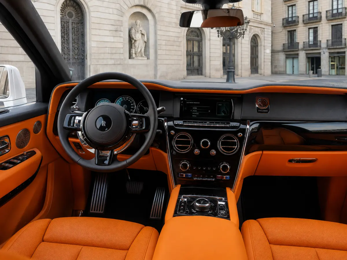 Rolls-Royce Cullinan 2022, interior — Barcelona Luxury Car Rental, Barcelona. The 2022 Rolls-Royce Cullinan sits apart from the rest of a luxury SUV segment by…