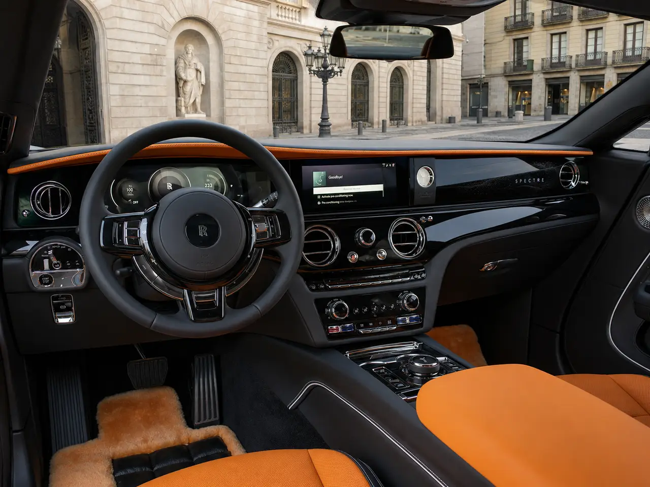 Rolls-Royce Spectre 2024, interior — Barcelona Luxury Car Rental, Barcelona. El Rolls-Royce Spectre 2024, con cuatro plazas y tren motriz completamente eléctrico,…