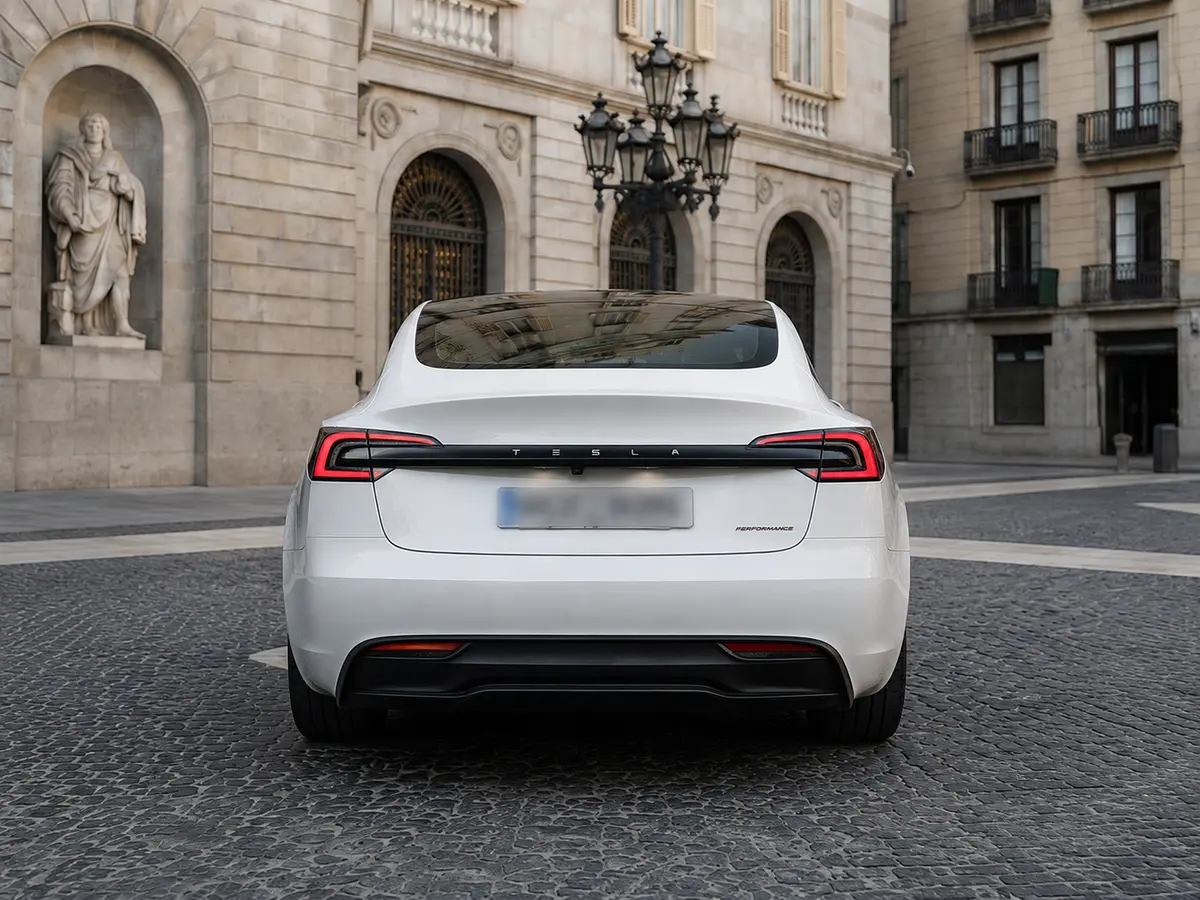 Tesla Model 3 Performance 2026, rear view — Barcelona Luxury Car Rental, Barcelona. The 2026 Tesla Model 3 Performance pairs 510 hp with instant electric response,…