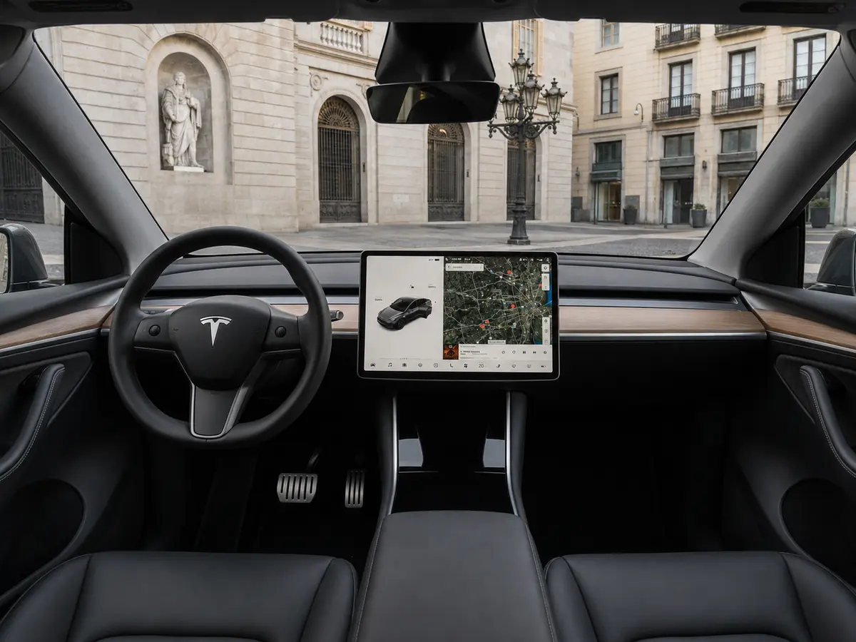 Tesla Model Y Long Range 2023, interior — Barcelona Luxury Car Rental, Barcelona. The 2023 Tesla Model Y Long Range pairs 378 hp with the smooth, immediate delivery…